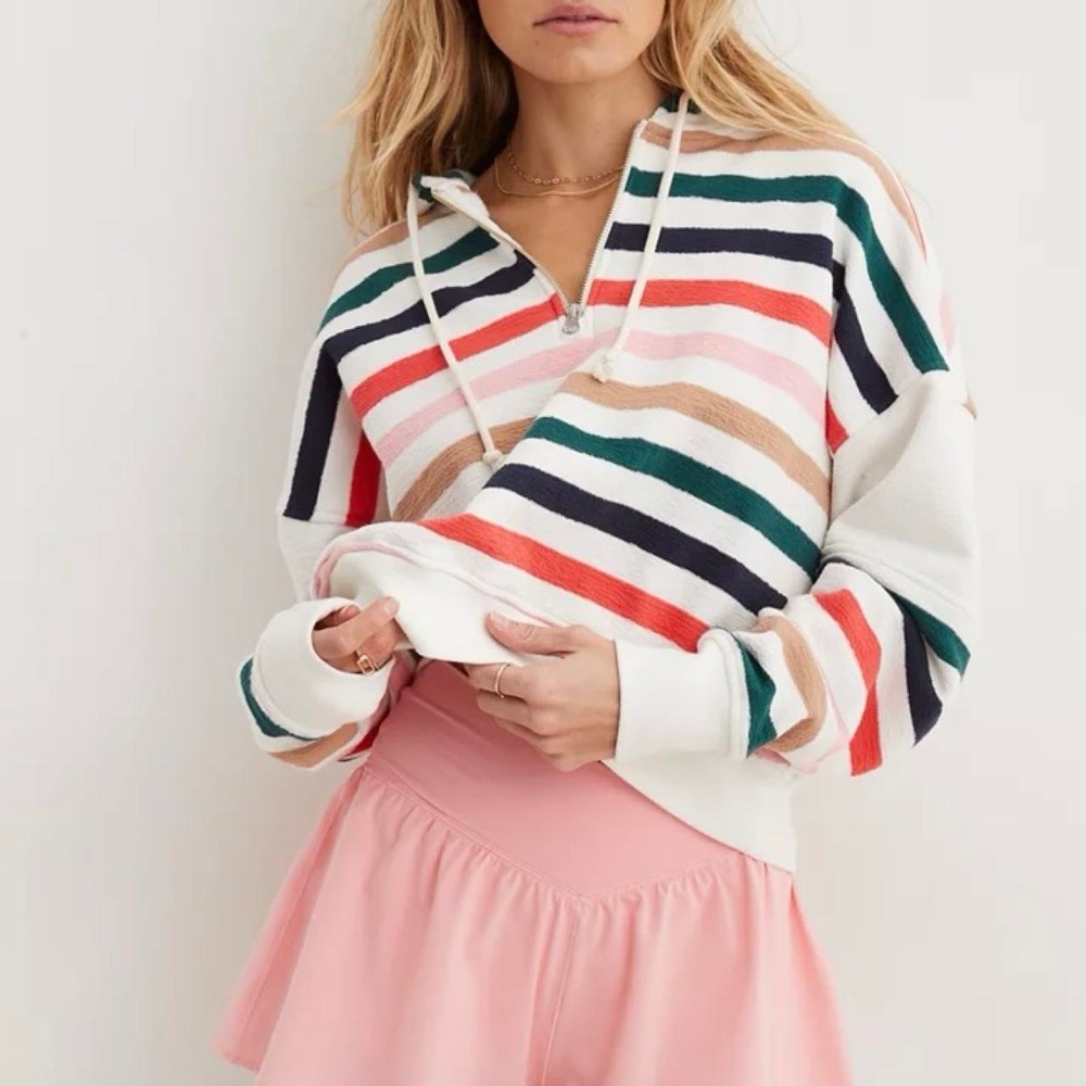 Aerie Women Striped Quarter Zip Hoodie Multi Color Textured Crop Sweatshirt M